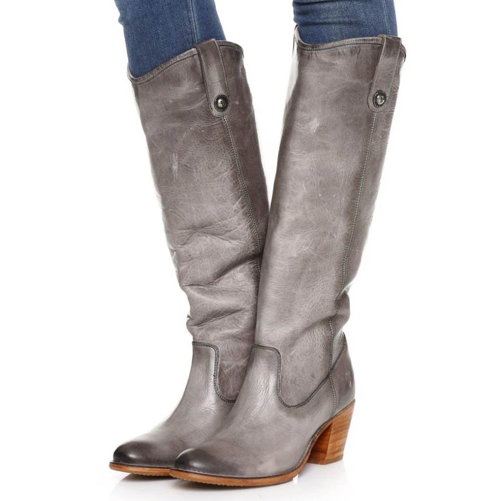 Frye Jackie Button Short Grey Real Leather Zip Up Round Toe Heeled Ankle Bootie - Picture 3 of 12